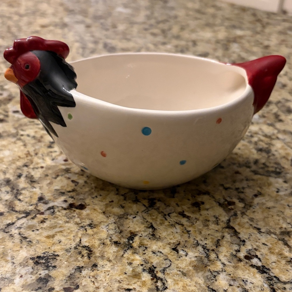 Vintage Pier 1 Imports Hand-painted White Ceramic Rooster Bowl with Pastel Dots